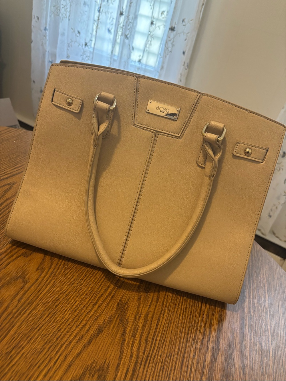 BCBG Taupe Beige Structured Tote with Dual Top Handles